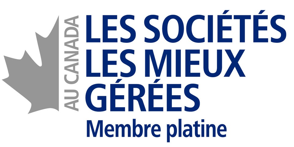 Logo Les Sociétés les mieux gérées au Canada – Membre platine, montrant une feuille d’érable grise et le texte bleu.