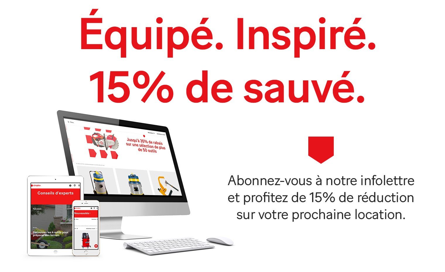 Visuel promotionnel Simplex : écran d’ordinateur, tablette et téléphone affichant l’infolettre, avec le texte « 15 % de sauvé » en rouge.
